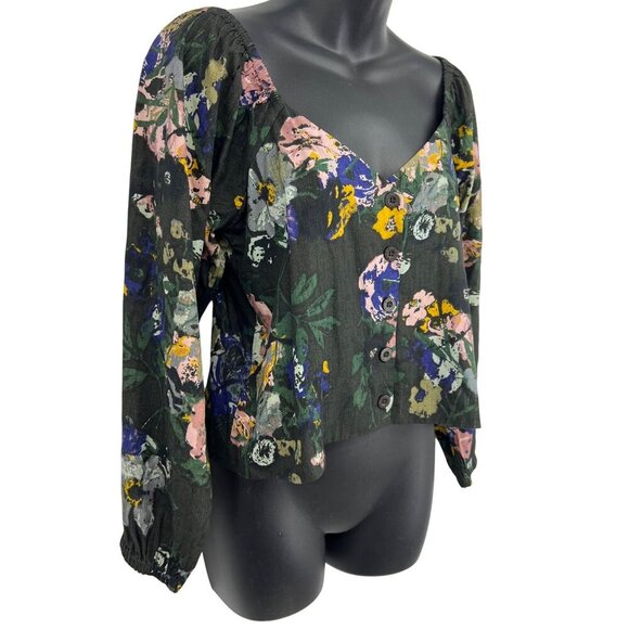 RVCA Black Women Top Blouse Small 8 Floral Sweetheart Cartia Long Sleeve New - Picture 3 of 10